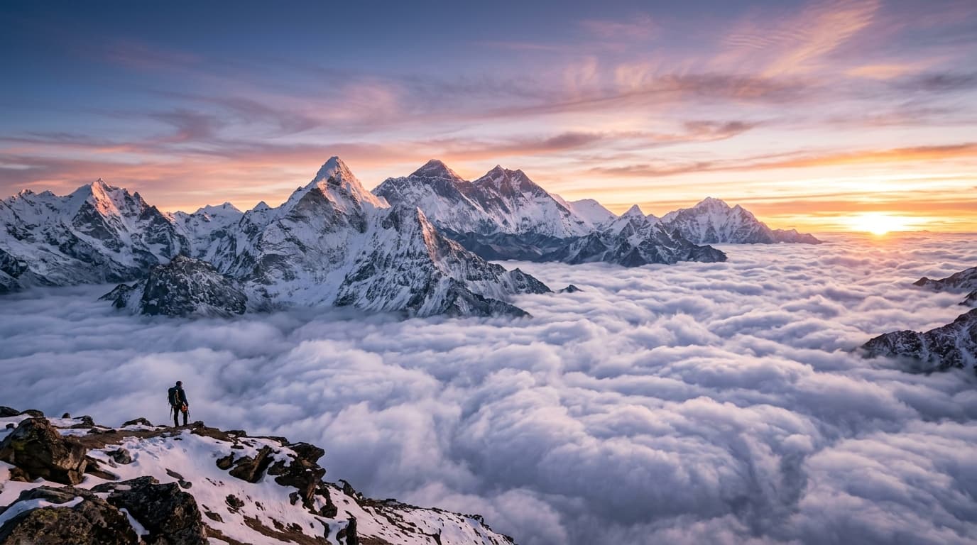 Majestic mountain peaks above a sea of clouds